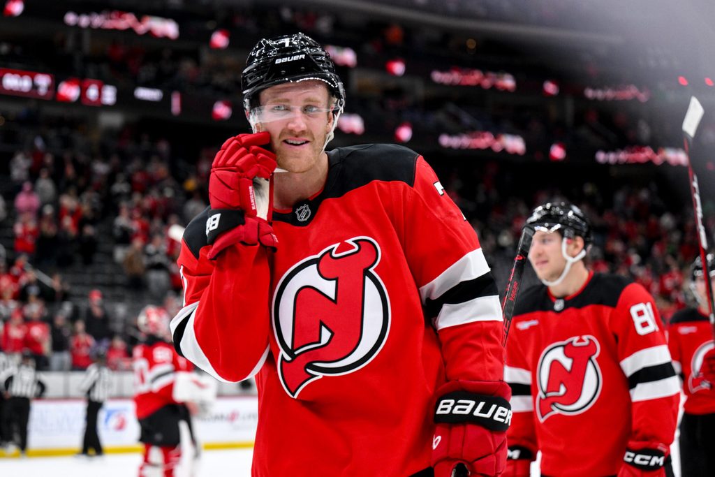 Oct 22, 2025; Newark, New Jersey, USA; New Jersey Devils defenseman Dougie Hamilton (7) reacts after winning against the Minnesota Wild at Prudential Center. Mandatory Credit: John Jones-Imagn Images