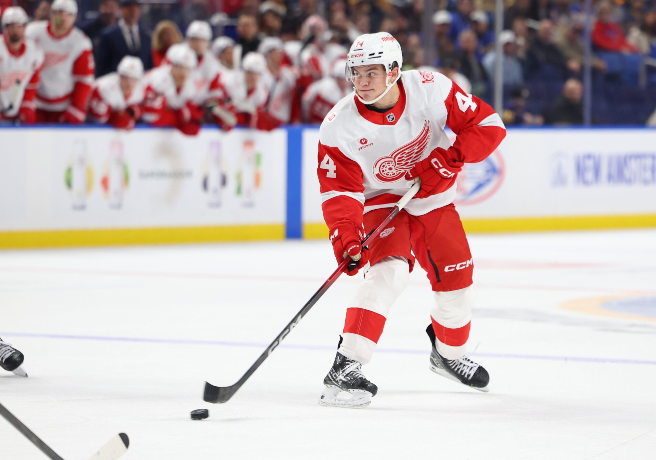 Oct 22, 2025; Buffalo, New York, USA;  Detroit Red Wings defenseman Axel Sandin-Pellikka (44) looks to make a pass during the third period against the Buffalo Sabres at KeyBank Center. Mandatory Credit: Timothy T. Ludwig-Imagn Images