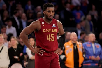 Oct 22, 2025; New York, New York, USA; Cleveland Cavaliers guard Donovan Mitchell (45) reacts during the fourth quarter against the New York Knicks at Madison Square Garden. Mandatory Credit: Brad Penner-Imagn Images