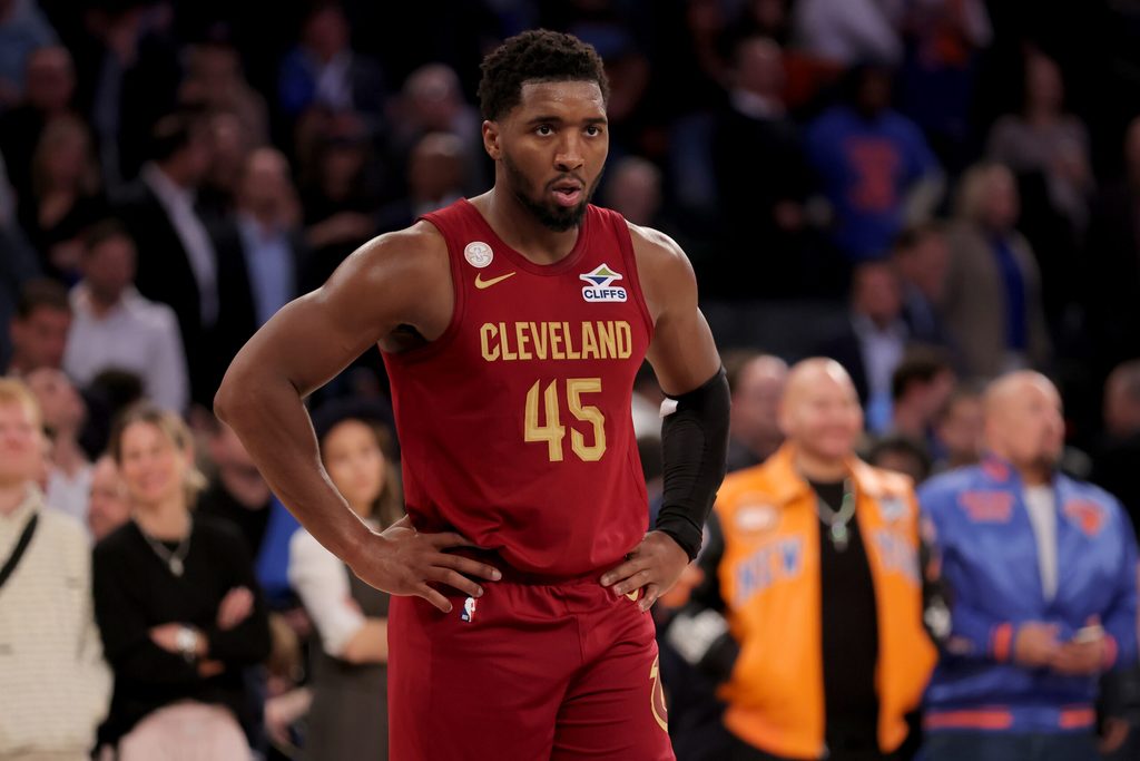Oct 22, 2025; New York, New York, USA; Cleveland Cavaliers guard Donovan Mitchell (45) reacts during the fourth quarter against the New York Knicks at Madison Square Garden. Mandatory Credit: Brad Penner-Imagn Images