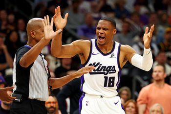 Oct 22, 2025; Phoenix, Arizona, USA; Sacramento Kings guard Russell Westbrook (18) reacts to a call during the second half against the Phoenix Suns at the Mortgage Matchup Center. Mandatory Credit: Mark J. Rebilas-Imagn Images