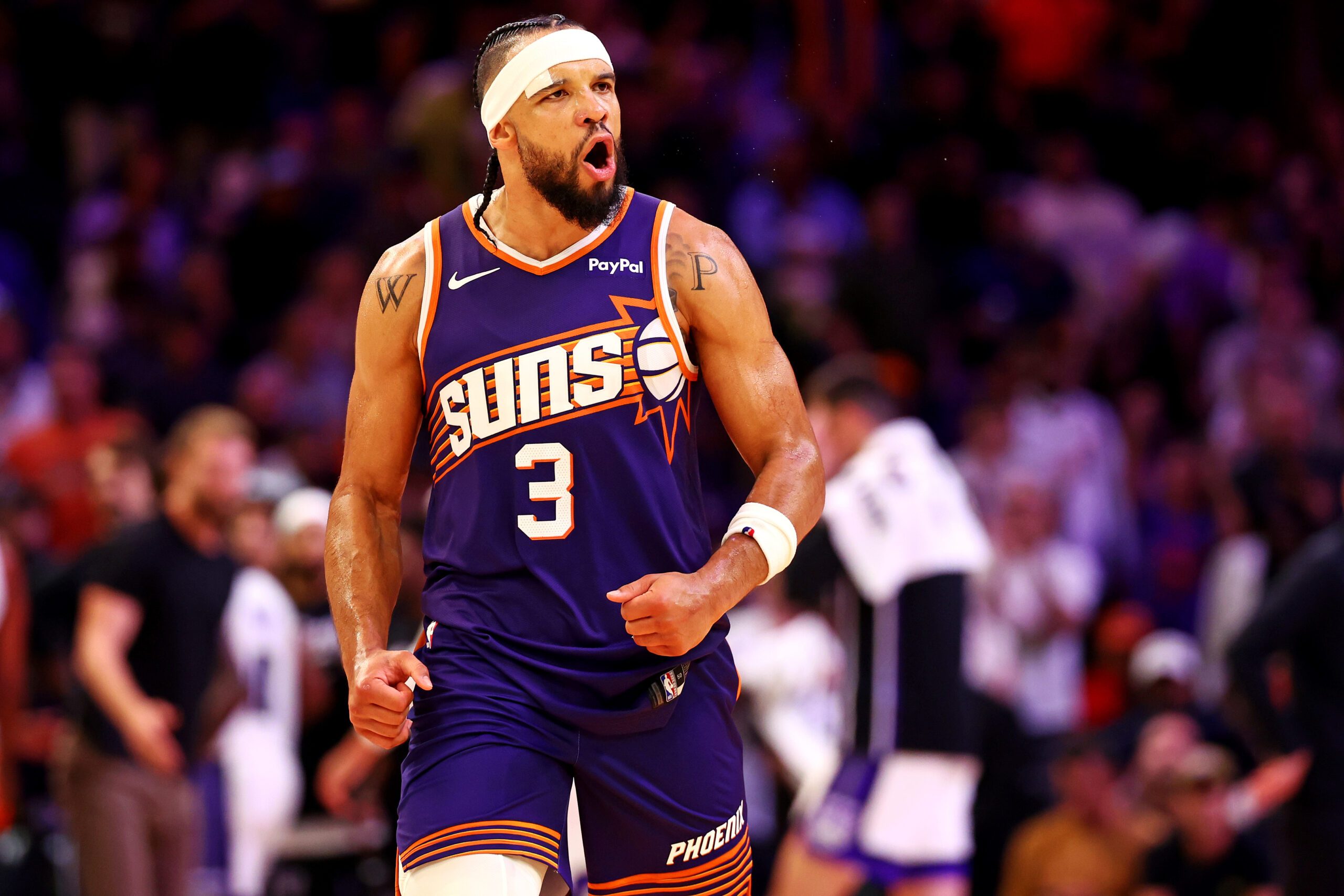 Oct 22, 2025; Phoenix, Arizona, USA; Phoenix Suns forward Dillon Brooks (3) reacts to a play during the second half against the Sacramento Kings at the Mortgage Matchup Center. Mandatory Credit: Mark J. Rebilas-Imagn Images