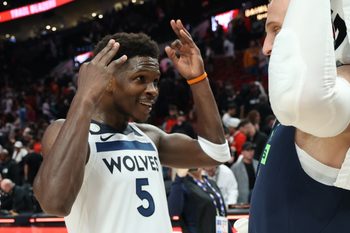Oct 22, 2025; Portland, Oregon, USA;  Minnesota Timberwolves guard Anthony Edwards (5) reacts after a 118-114 win over against the Portland Trail Blazers in the second half at Moda Center. Mandatory Credit: Jaime Valdez-Imagn Images