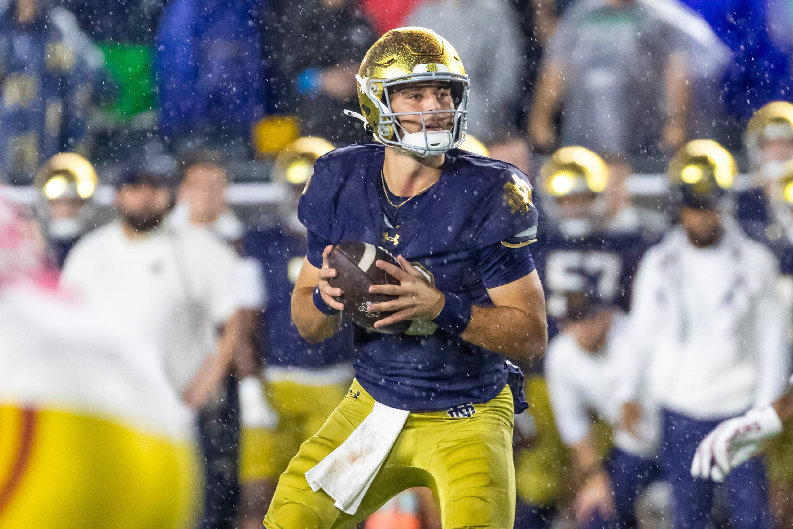 Oct 18, 2025; South Bend, Indiana, USA;  Notre Dame Fighting Irish quarterback CJ Carr (13) looks to pass against the Southern California Trojans during the second half at Notre Dame Stadium. Mandatory Credit: Michael Caterina-Imagn Images
