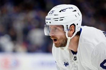 Oct 24, 2025; Buffalo, New York, USA;  Toronto Maple Leafs defenseman Oliver Ekman-Larsson (95) waits for the face-off during the third period against the Buffalo Sabres at KeyBank Center. Mandatory Credit: Timothy T. Ludwig-Imagn Images