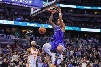 Oct 24, 2025; Orlando, Florida, USA; Orlando Magic forward Paolo Banchero (5) dunks the ball in the fourth quarter against the Atlanta Hawks at Kia Center. Mandatory Credit: Mike Watters-Imagn Images