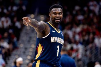 Oct 24, 2025; New Orleans, Louisiana, USA;  New Orleans Pelicans forward Zion Williamson (1) reacts to a play against the San Antonio Spurs during the second half at Smoothie King Center. Mandatory Credit: Stephen Lew-Imagn Images