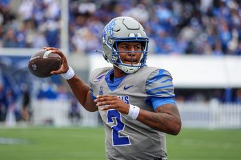Oct 25, 2025; Memphis, Tennessee, USA; Memphis Tigers quarterback Brendon Lewis (2)looks to throw a pass against the South Florida Bulls during the second half at Simmons Bank Liberty Stadium. Mandatory Credit: Wesley Hale-Imagn Images