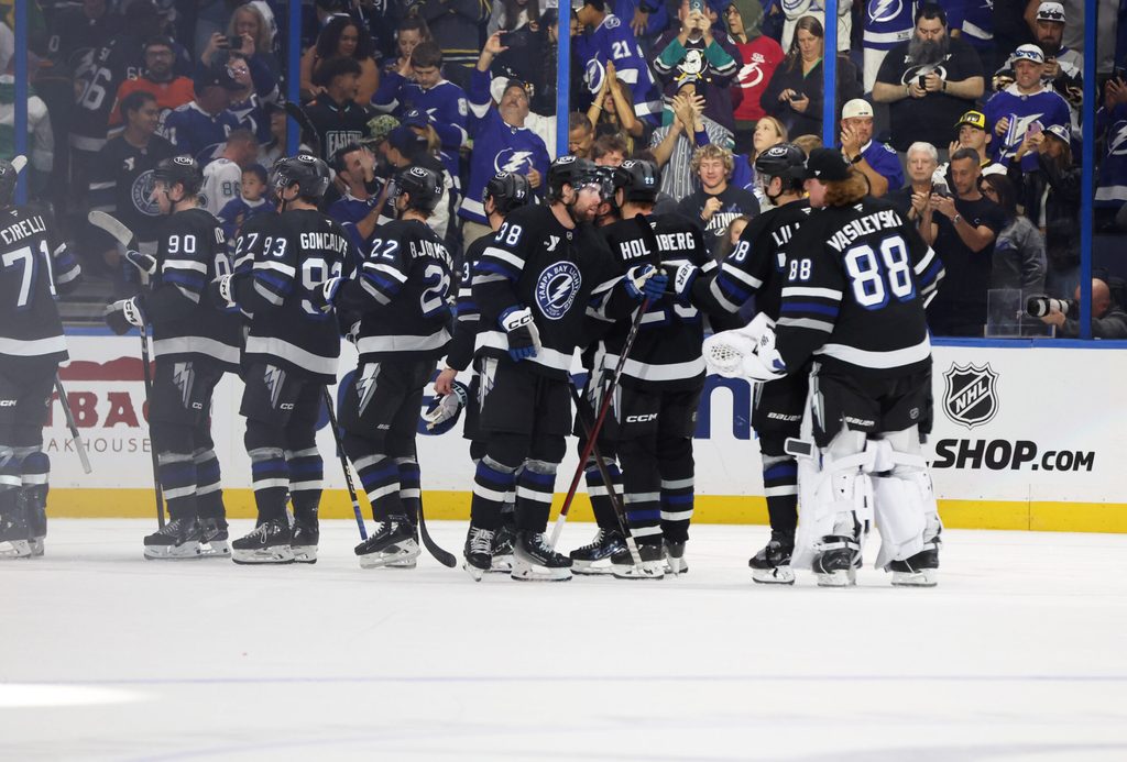 Oct 25, 2025; Tampa, Florida, USA; Tampa Bay Lightning left wing Brandon Hagel (38) and teammates celebrate after they beat the Anaheim Ducks at Benchmark International Arena. Mandatory Credit: Kim Klement Neitzel-Imagn Images