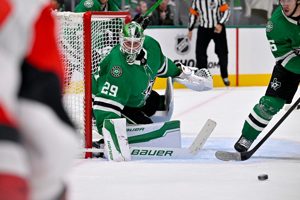 Oct 25, 2025; Dallas, Texas, USA; Dallas Stars goaltender Jake Oettinger (29) faces the Carolina Hurricanes attack during the third period at the American Airlines Center. Mandatory Credit: Jerome Miron-Imagn Images