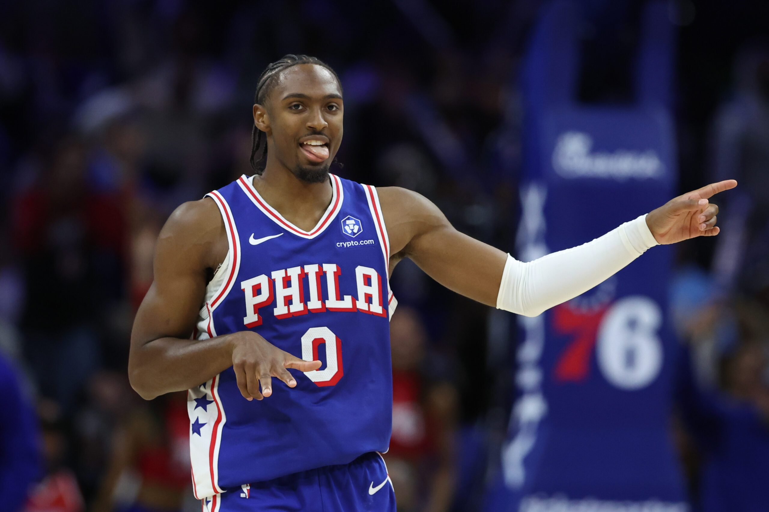 Oct 27, 2025; Philadelphia, Pennsylvania, USA; Philadelphia 76ers guard Tyrese Maxey (0) reacts after scoring against the Orlando Magic during the fourth quarter at Xfinity Mobile Arena. Mandatory Credit: Bill Streicher-Imagn Images