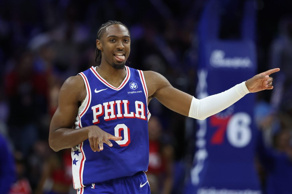 Oct 27, 2025; Philadelphia, Pennsylvania, USA; Philadelphia 76ers guard Tyrese Maxey (0) reacts after scoring against the Orlando Magic during the fourth quarter at Xfinity Mobile Arena. Mandatory Credit: Bill Streicher-Imagn Images