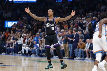 Oct 28, 2025; Oklahoma City, Oklahoma, USA; Sacramento Kings guard DeMar DeRozan (10) reacts after scoring against the Oklahoma City Thunder during the second quarter at Paycom Center. Mandatory Credit: Alonzo Adams-Imagn Images
