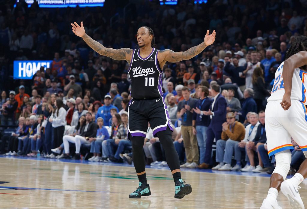 Oct 28, 2025; Oklahoma City, Oklahoma, USA; Sacramento Kings guard DeMar DeRozan (10) reacts after scoring against the Oklahoma City Thunder during the second quarter at Paycom Center. Mandatory Credit: Alonzo Adams-Imagn Images