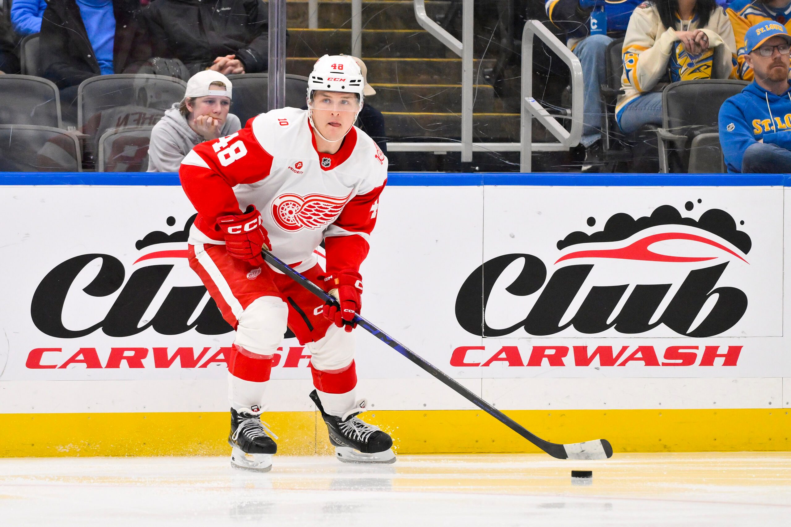 Oct 28, 2025; St. Louis, Missouri, USA; Detroit Red Wings right wing Jonatan Berggren (48) controls the puck against the St. Louis Blues during the third period at Enterprise Center. Mandatory Credit: Jeff Curry-Imagn Images