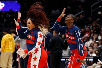 Oct 28, 2025; Washington, District of Columbia, USA; Members of the Washington Wizards Dancers dance during a timeout against the Philadelphia 76ers in the fourth quarter at Capital One Arena. Mandatory Credit: Geoff Burke-Imagn Images