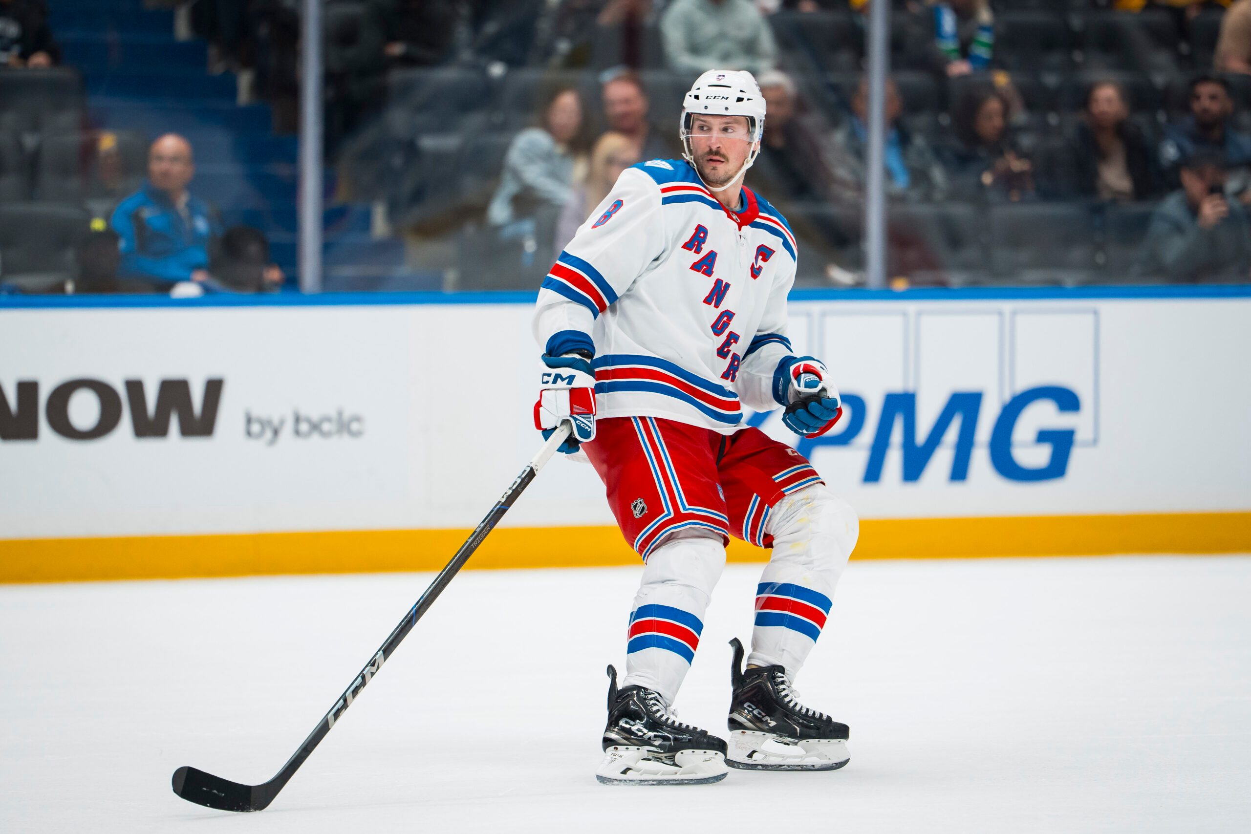 Oct 28, 2025; Vancouver, British Columbia, CAN; New York Rangers forward J.T. Miller (8) skates against the Vancouver Canucks in the third period at Rogers Arena. Mandatory Credit: Bob Frid-Imagn Images