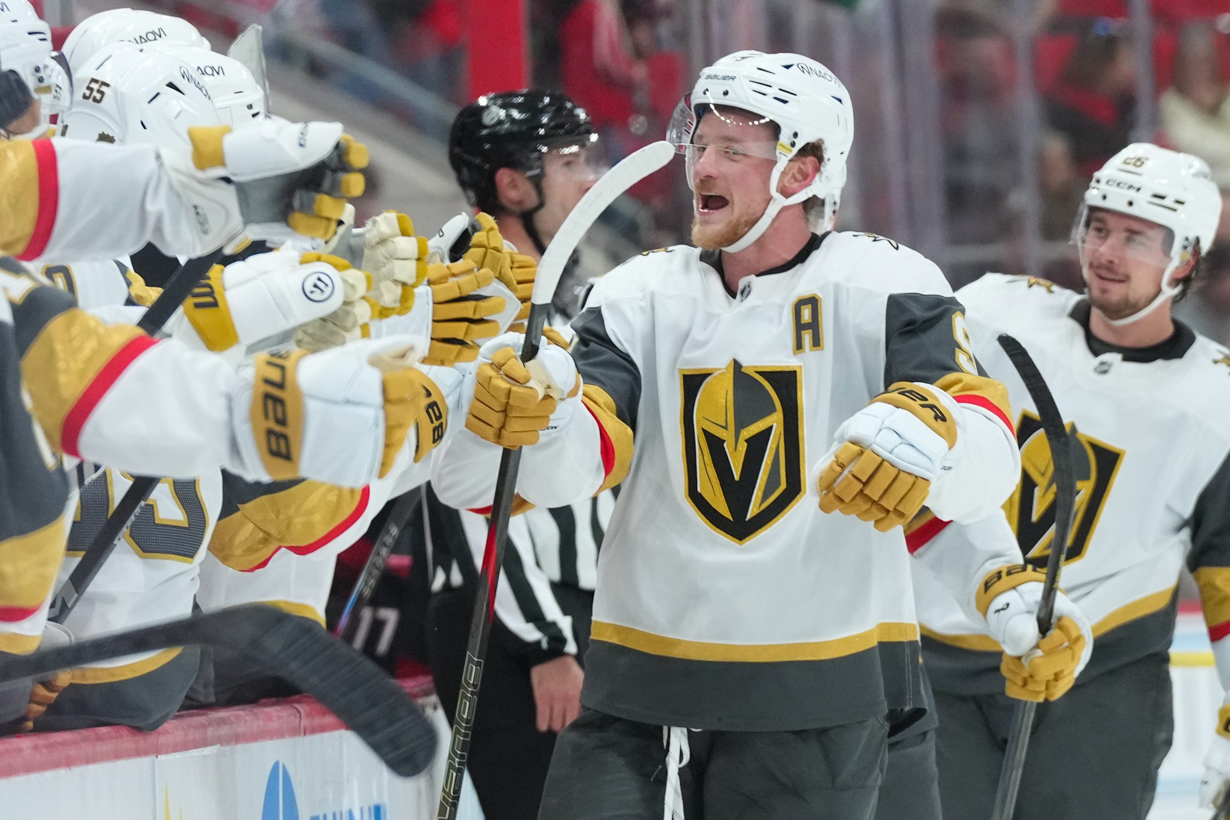Oct 28, 2025; Raleigh, North Carolina, USA;  Vegas Golden Knights center Jack Eichel (9) celebrates his goal against the Carolina Hurricanes during the third period at Lenovo Center. Mandatory Credit: James Guillory-Imagn Images