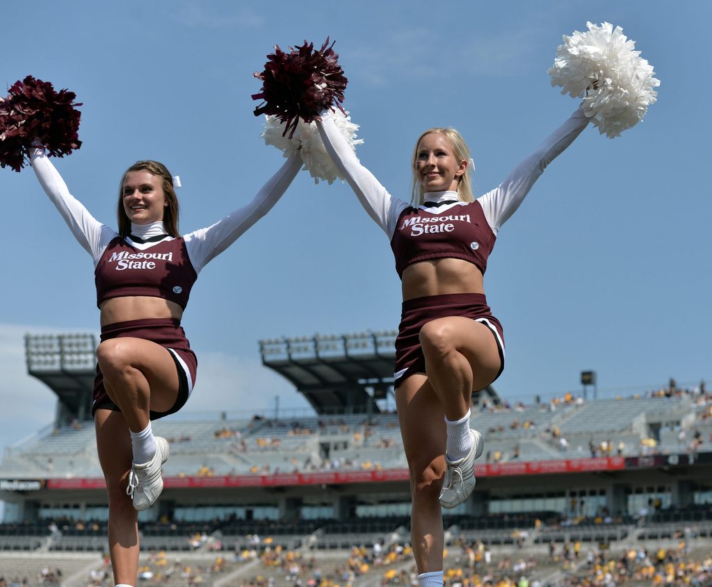 Sep 2, 2017; Columbia, MO, USA; Missouri State Bears cheerleaders entertain fans during the second half against the Missouri Tigers at Faurot Field. Mandatory Credit: Denny Medley-Imagn Images