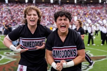 Sep 14, 2024; Columbia, South Carolina, USA; South Carolina Gamecocks cheerleaders perform before a game against the LSU Tigers at Williams-Brice Stadium. Mandatory Credit: Scott Kinser-Imagn Images