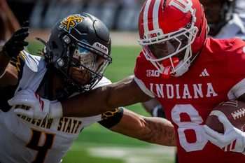 Indiana's Kaelon Black (8) avoids Kennesaw State's Alexander Ford (4) during the Indiana versus Kennesaw State Big Ten football game at Memorial Stadium on Saturday, Sept. 6, 2025.