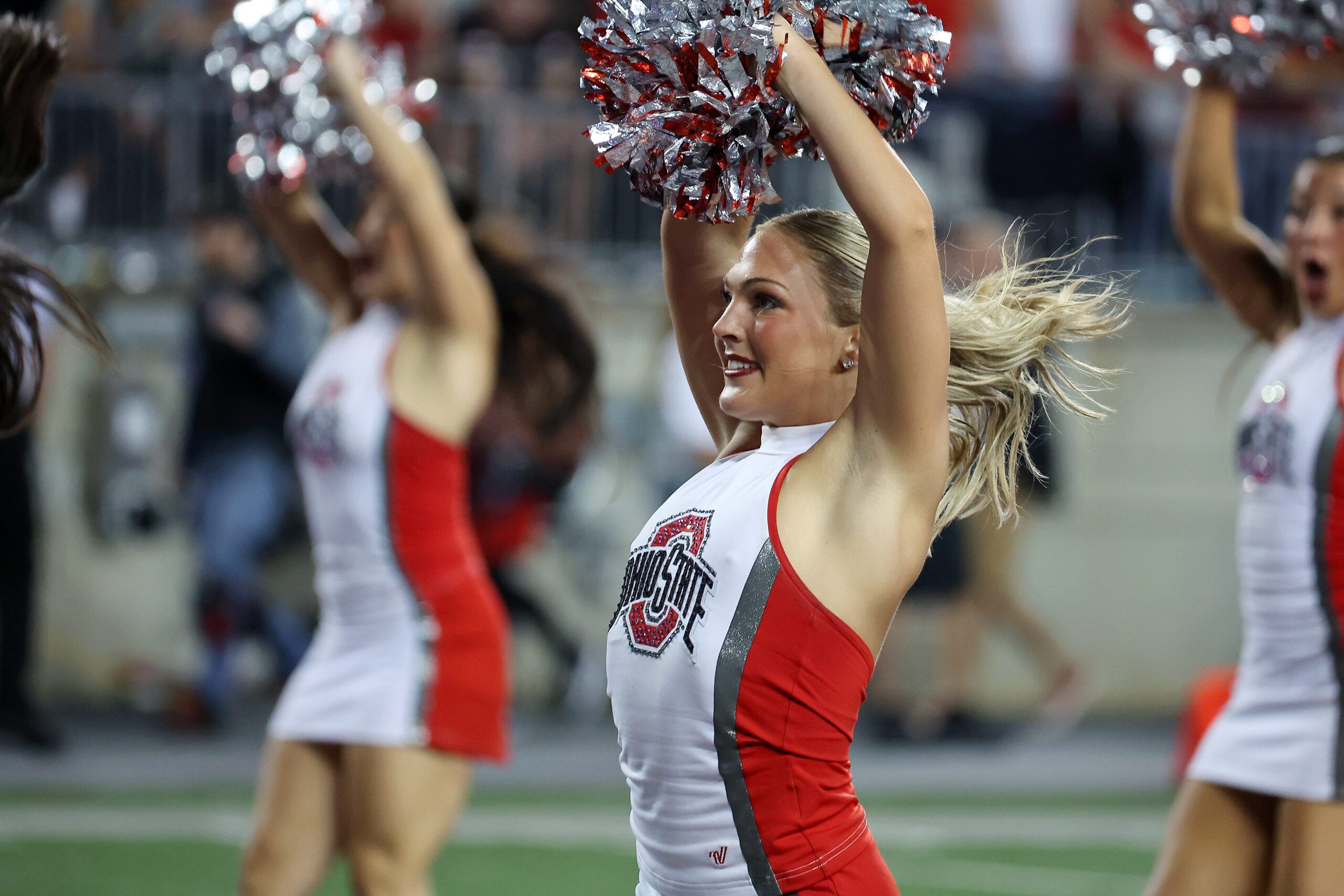 Sep 13, 2025; Columbus, Ohio, USA;  Ohio State Buckeyes cheerleader cheer during the second half against the Ohio Bobcats at Ohio Stadium. Mandatory Credit: Joseph Maiorana-Imagn Images
