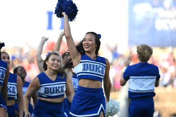 Sep 20, 2025; Durham, North Carolina, USA;  Duke Blue Devils cheerleader during the game against the NC State Wolfpack at Wallace Wade Stadium. Mandatory Credit: Zachary Taft-Imagn Images
