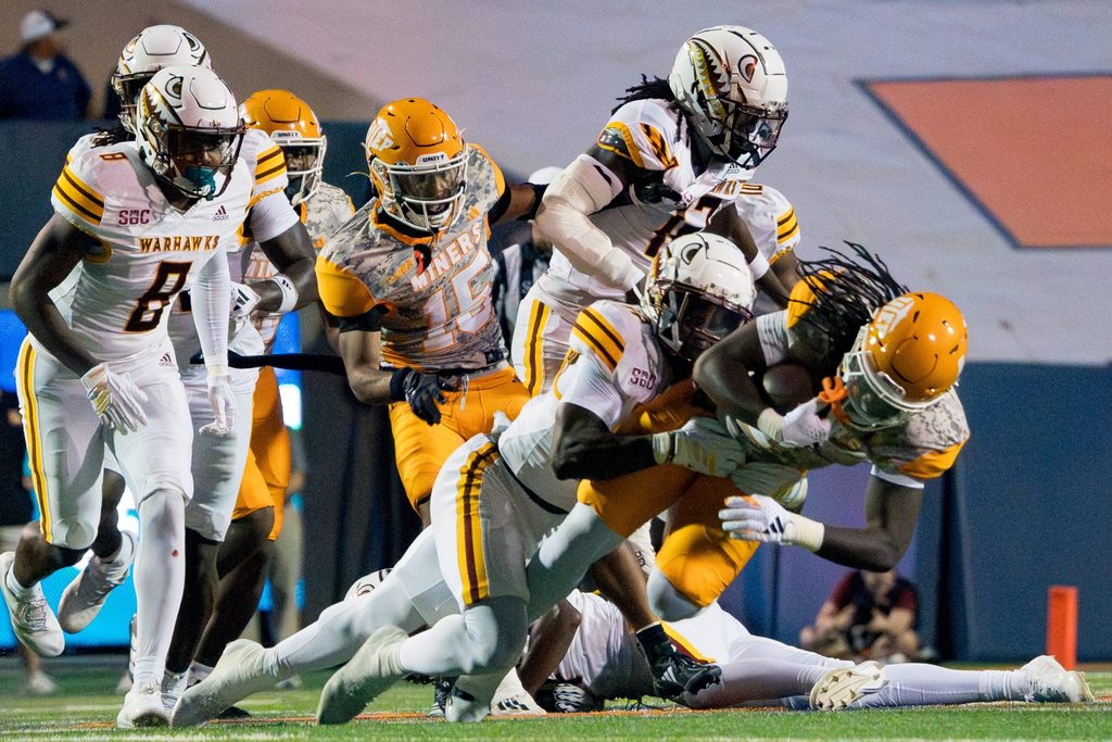 UTEP’s Ashten Emory (1) is tackled during a game against Louisiana-Monroe at the Sun Bowl in El Paso, Texas, on Saturday, Sept. 20, 2025.