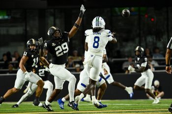 Sep 20, 2025; Nashville, Tennessee, USA;  Vanderbilt Commodores edge Miles Capers (29) flushes Georgia State Panthers quarterback Cameran Brown (8) from the pocket during the first half at FirstBank Stadium. Mandatory Credit: Steve Roberts-Imagn Images