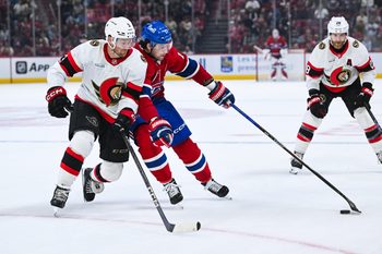 Oct 4, 2025; Montreal, Quebec, CAN; Montreal Canadiens right wing Josh Anderson (17) plays the puck against Ottawa Senators defenseman Nick Jensen (3) during the third period at Bell Centre. Mandatory Credit: David Kirouac-Imagn Images