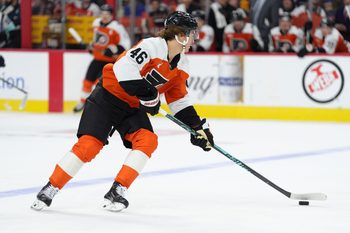 Oct 20, 2025; Philadelphia, Pennsylvania, USA; Philadelphia Flyers center Trevor Zegras (46) controls the puck against the Seattle Kraken in the second period at Xfinity Mobile Arena. Mandatory Credit: Kyle Ross-Imagn Images