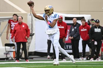 Oct 25, 2025; Bloomington, Indiana, USA; UCLA Bruins quarterback Nico Iamaleava (9) throws a pass during the first half against the Indiana Hoosiers at Memorial Stadium. Mandatory Credit: Robert Goddin-Imagn Images