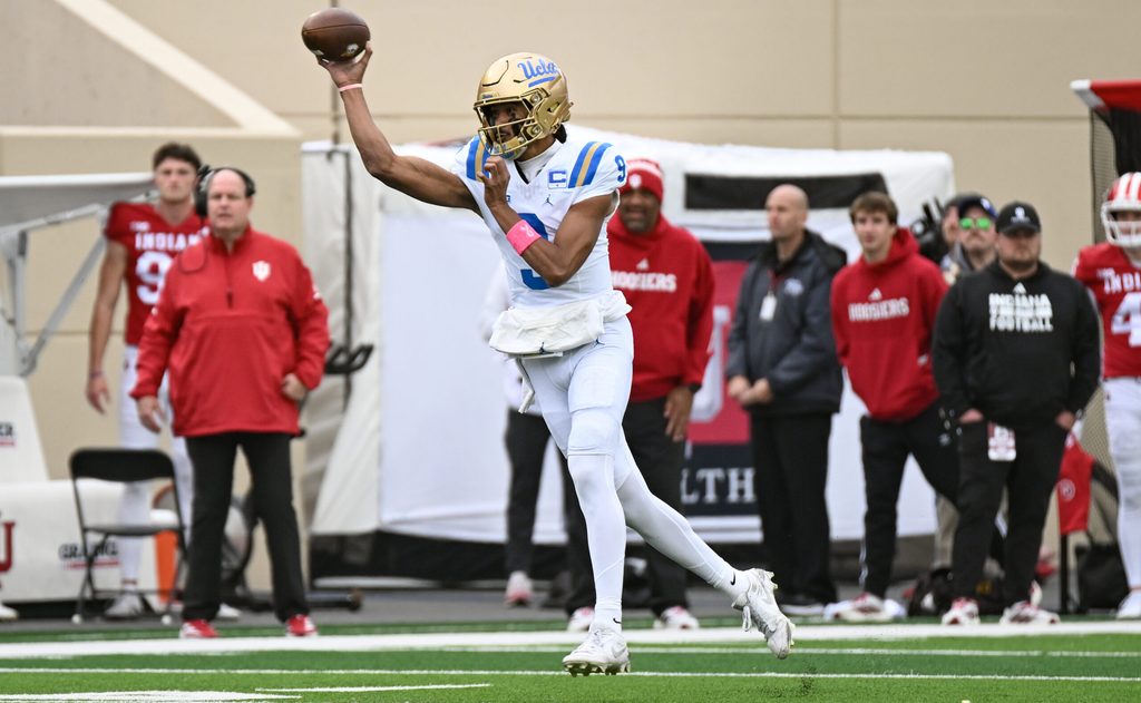 Oct 25, 2025; Bloomington, Indiana, USA; UCLA Bruins quarterback Nico Iamaleava (9) throws a pass during the first half against the Indiana Hoosiers at Memorial Stadium. Mandatory Credit: Robert Goddin-Imagn Images