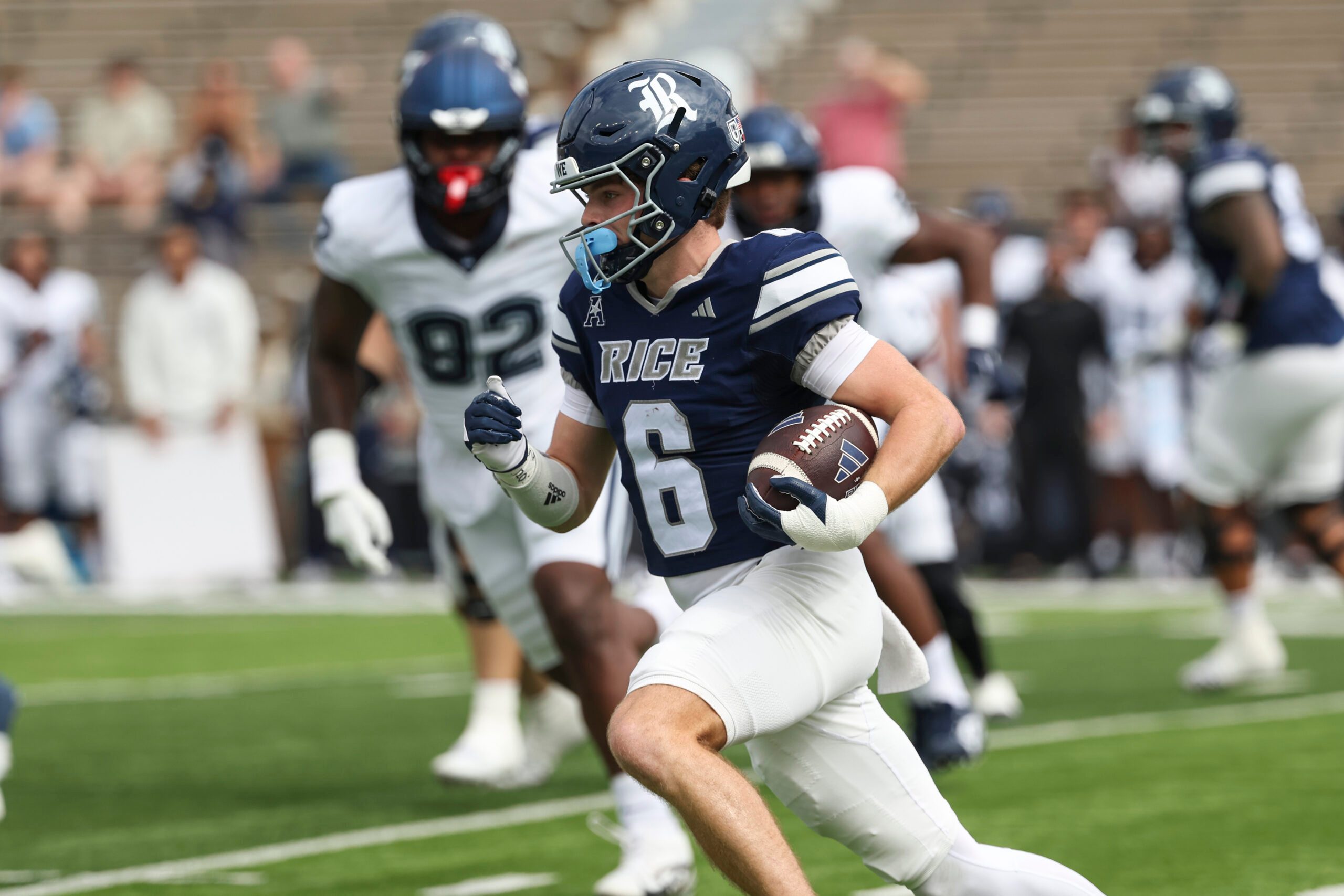 Oct 25, 2025; Houston, Texas, USA; Rice Owls wide receiver Drayden Dickmann (6) runs with the ball during the first quarter against the UConn Huskies at Rice Stadium. Mandatory Credit: Troy Taormina-Imagn Images