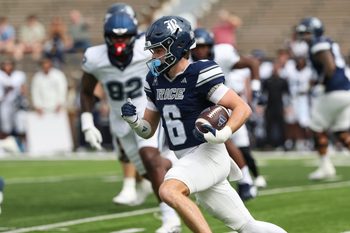 Oct 25, 2025; Houston, Texas, USA; Rice Owls wide receiver Drayden Dickmann (6) runs with the ball during the first quarter against the UConn Huskies at Rice Stadium. Mandatory Credit: Troy Taormina-Imagn Images