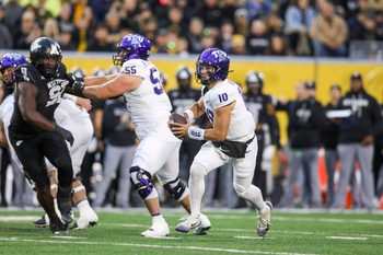Oct 25, 2025; Morgantown, West Virginia, USA; Texas Christian University Horned Frogs quarterback Josh Hoover (10) runs out of the pocket during the first quarter against the West Virginia Mountaineers at Milan Puskar Stadium. Mandatory Credit: Ben Queen-Imagn Images