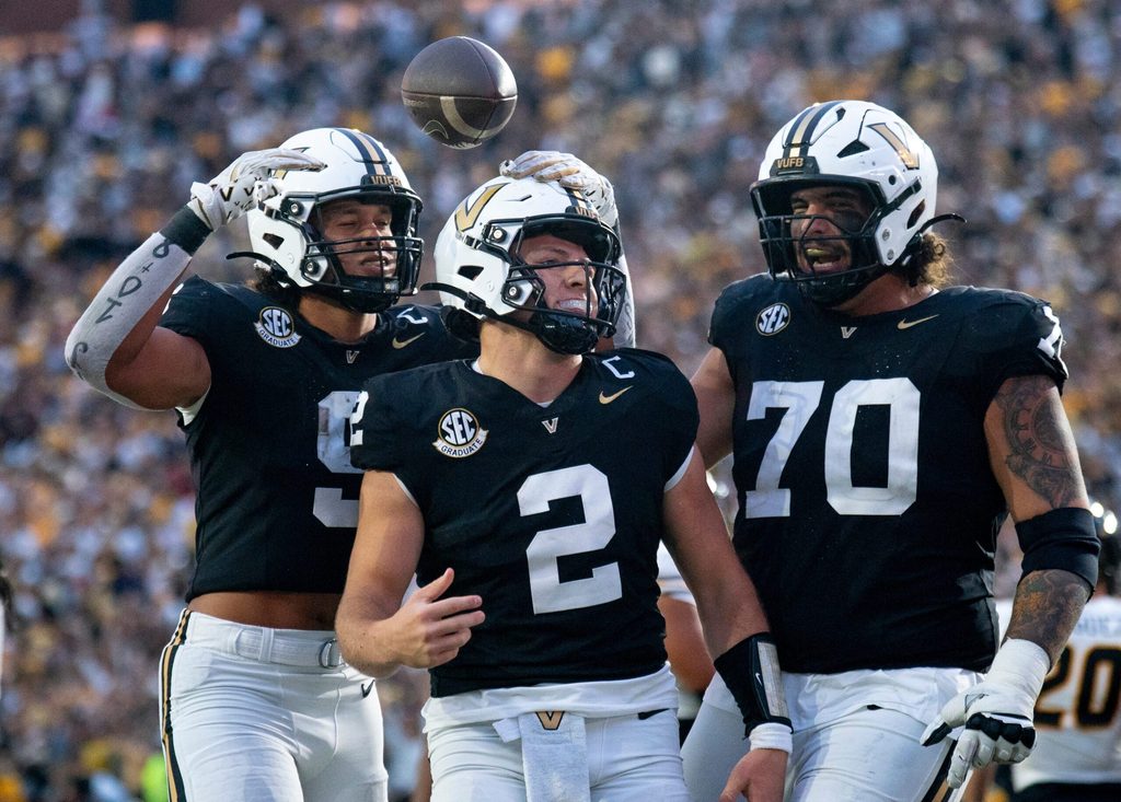 Vanderbilt's quarterback Diego Pavia (2) celebrates his go-ahead touchdown against Missouri during their game at FirstBank Stadium in Nashville, Tenn., Saturday, Oct. 25, 2025.