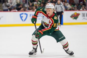 Oct 28, 2025; Saint Paul, Minnesota, USA; Minnesota Wild left wing Kirill Kaprizov (97) in action against the Winnipeg Jets in the second period at Grand Casino Arena. Mandatory Credit: Matt Blewett-Imagn Images