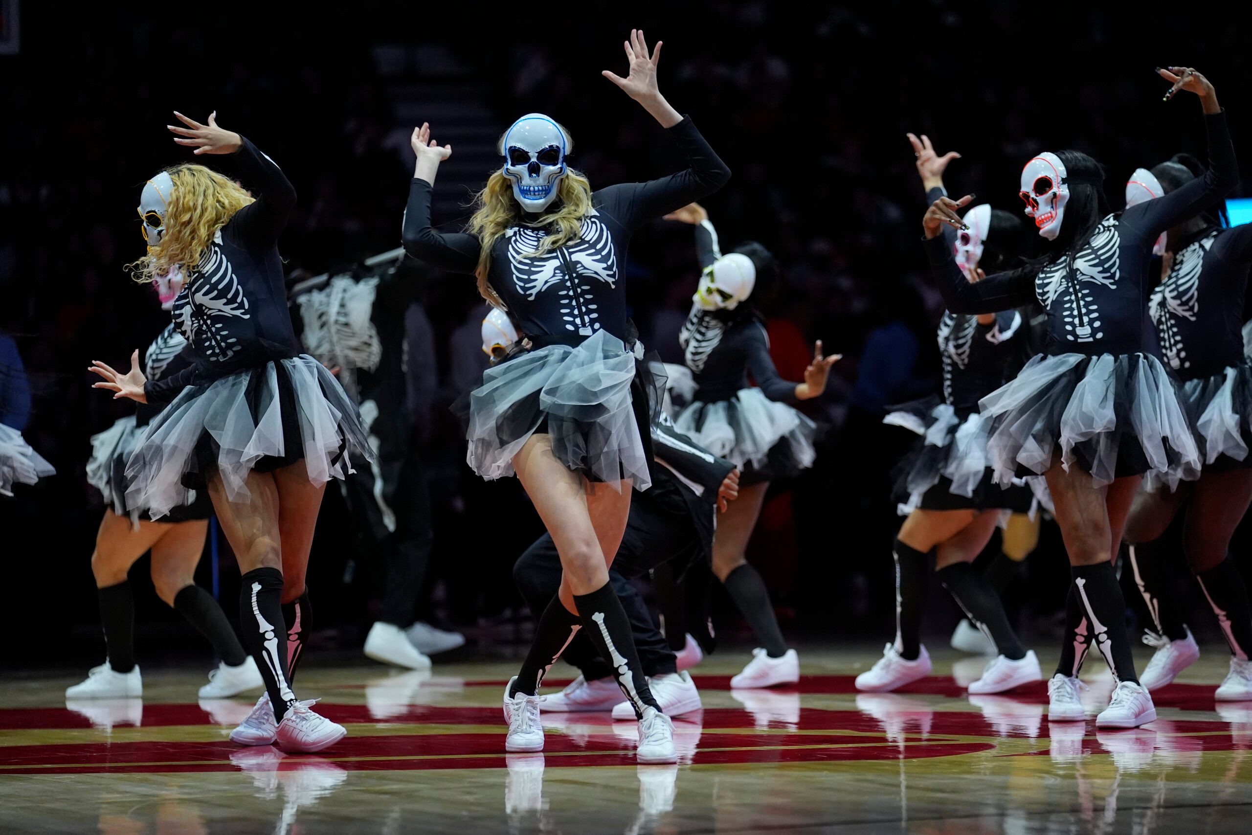 Oct 29, 2025; Toronto, Ontario, CAN; The Toronto Raptors dance team performs during a break in the action against the Houston Rockets at Scotiabank Arena. Mandatory Credit: John E. Sokolowski-Imagn Images