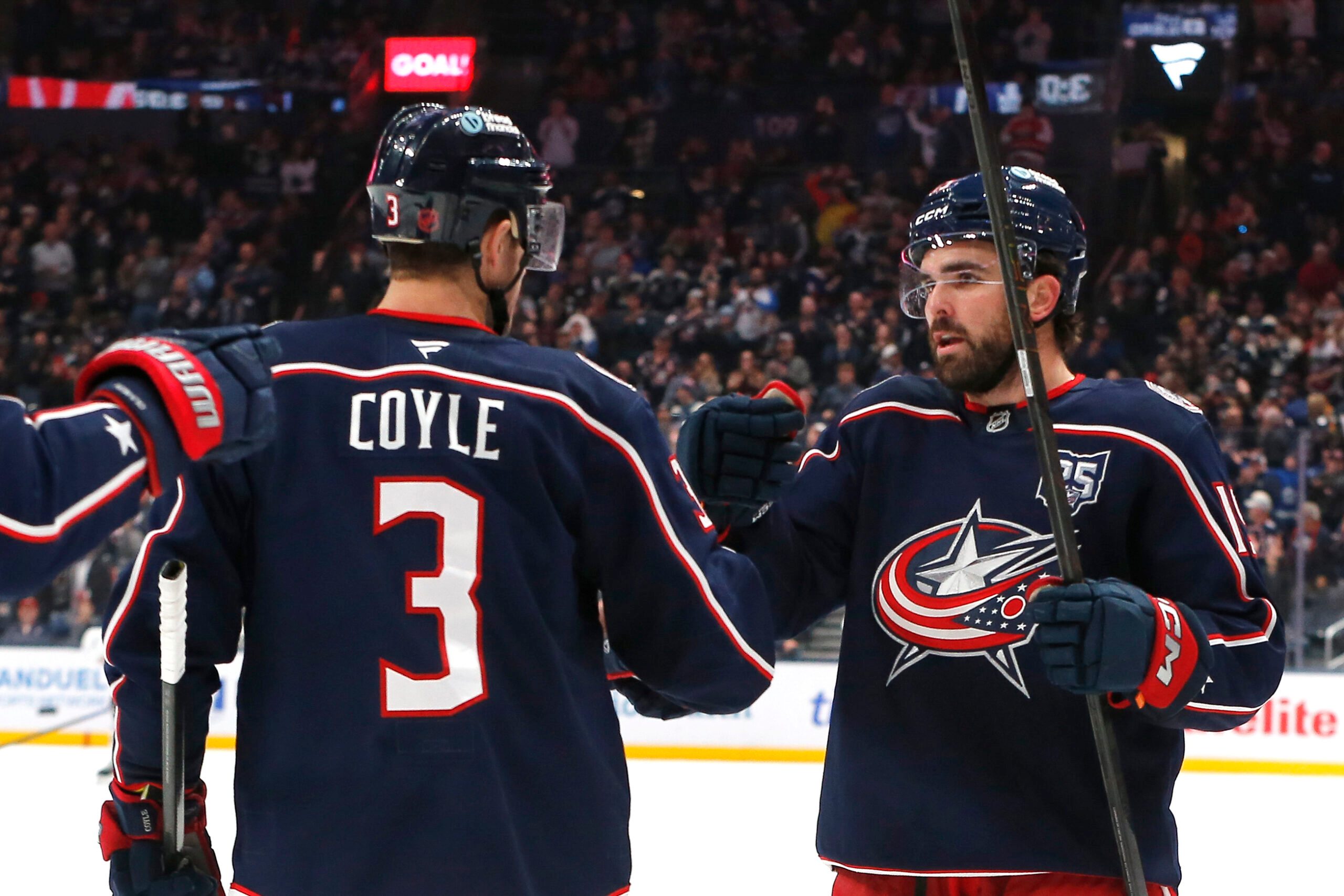 Oct 29, 2025; Columbus, Ohio, USA; Columbus Blue Jackets defenseman Dante Fabbro (15) celebrates his goal against the Toronto Maple Leafs during the second period at Nationwide Arena. Mandatory Credit: Russell LaBounty-Imagn Images