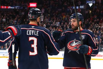 Oct 29, 2025; Columbus, Ohio, USA; Columbus Blue Jackets defenseman Dante Fabbro (15) celebrates his goal against the Toronto Maple Leafs during the second period at Nationwide Arena. Mandatory Credit: Russell LaBounty-Imagn Images