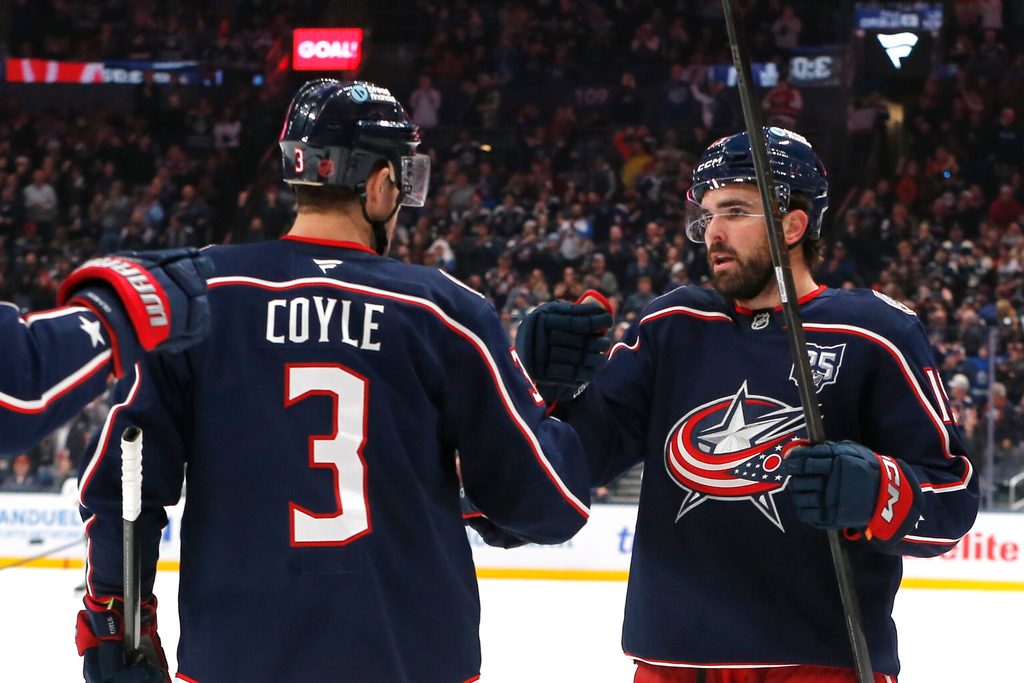 Oct 29, 2025; Columbus, Ohio, USA; Columbus Blue Jackets defenseman Dante Fabbro (15) celebrates his goal against the Toronto Maple Leafs during the second period at Nationwide Arena. Mandatory Credit: Russell LaBounty-Imagn Images