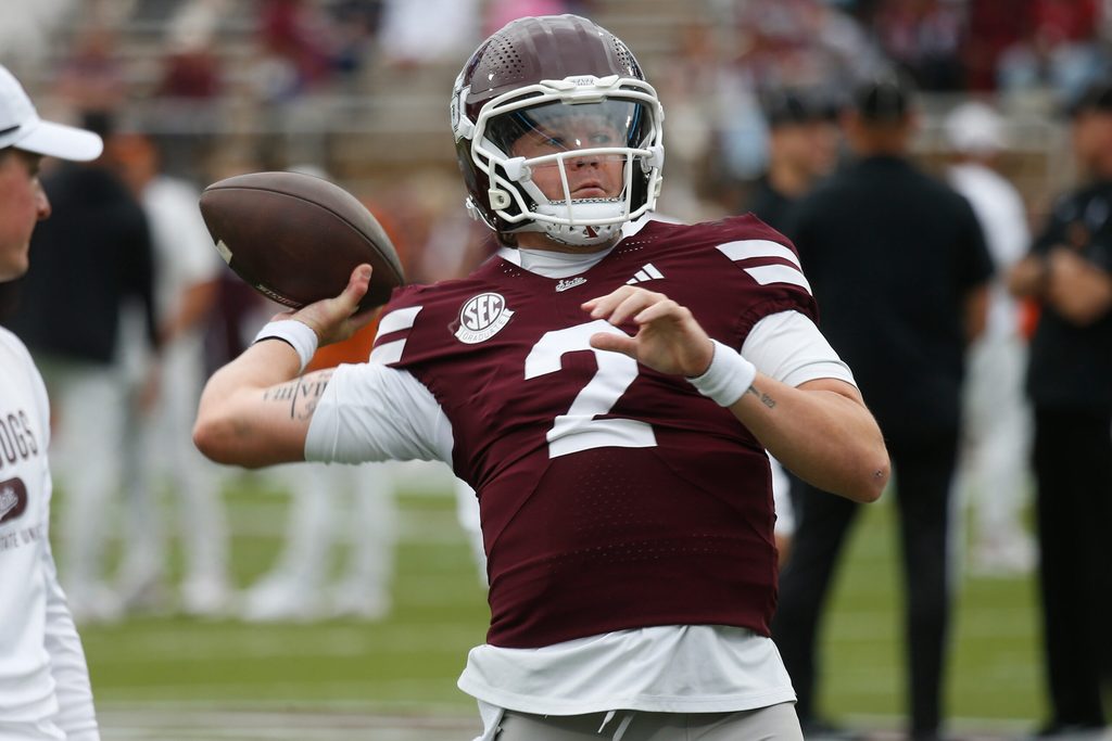 Oct 25, 2025; Starkville, Mississippi, USA; Mississippi State Bulldogs quarterback Blake Shapen (2) passes the ball during warm ups prior to the game against the Texas Longhorns at Davis Wade Stadium at Scott Field. Mandatory Credit: Petre Thomas-Imagn Images