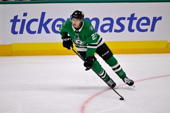 Oct 28, 2025; Dallas, Texas, USA; Dallas Stars left wing Jason Robertson (21) skates against the Washington Capitals during the game between the Stars and the Capitals at the American Airlines Center. Mandatory Credit: Jerome Miron-Imagn Images