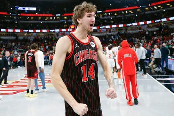 Oct 31, 2025; Chicago, Illinois, USA; Chicago Bulls forward Matas Buzelis (14) celebrates after team's win against the New York Knicks at United Center. Mandatory Credit: Kamil Krzaczynski-Imagn Images
