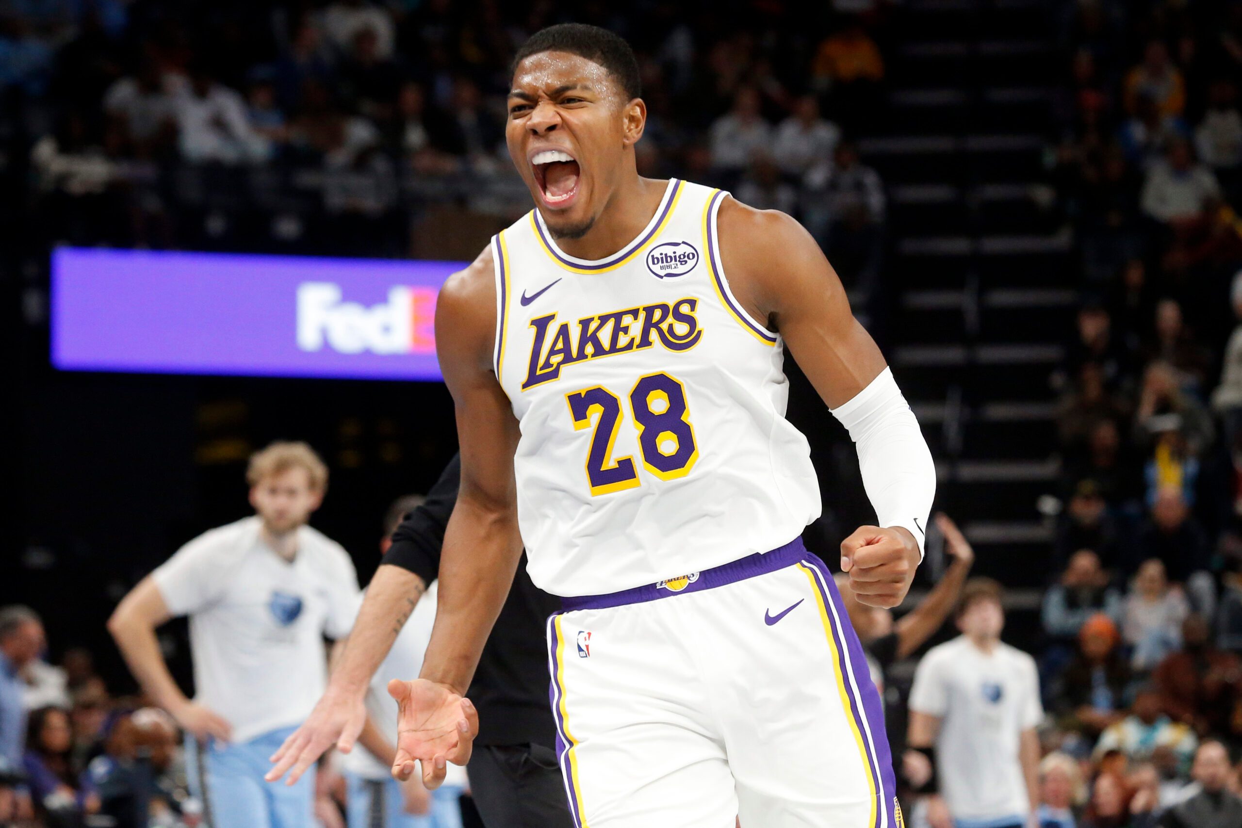 Oct 31, 2025; Memphis, Tennessee, USA; Los Angeles Lakers forward Rui Hachimura (28) reacts during the fourth quarter against the Memphis Grizzlies at FedExForum. Mandatory Credit: Petre Thomas-Imagn Images