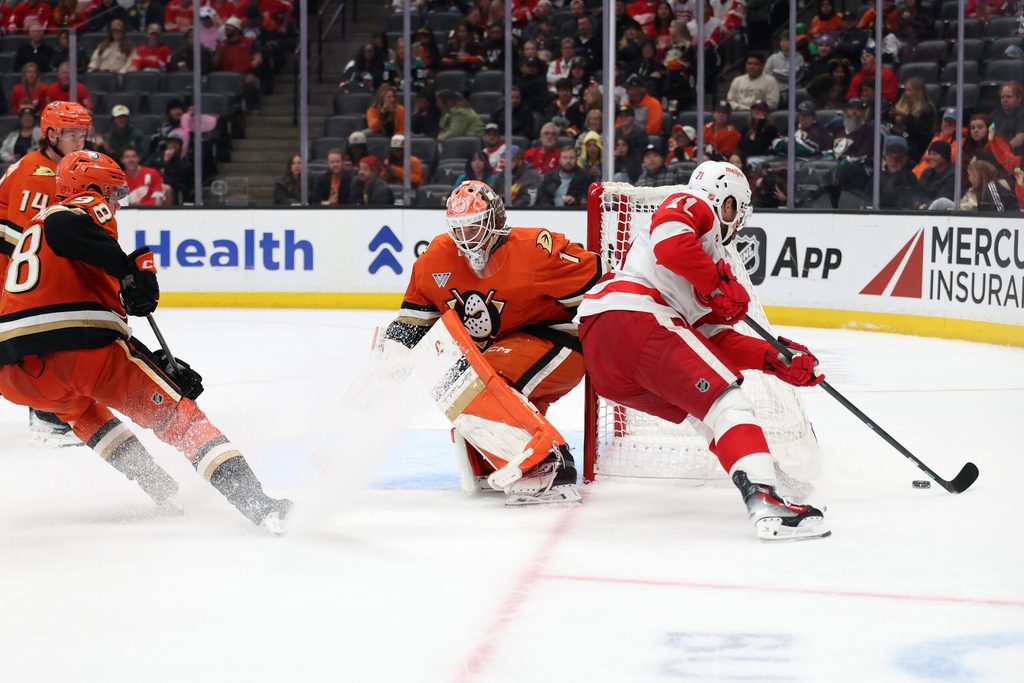 Oct 31, 2025; Anaheim, California, USA; Detroit Red Wings center Dylan Larkin (71) controls the puck against Anaheim Ducks goaltender Lukas Dostal (1) during the third period at Honda Center. Mandatory Credit: Kiyoshi Mio-Imagn Images