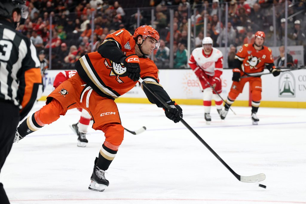 Oct 31, 2025; Anaheim, California, USA; Anaheim Ducks left wing Cutter Gauthier (61) shoots the puck during the second period against the Detroit Red Wings at Honda Center. Mandatory Credit: Kiyoshi Mio-Imagn Images