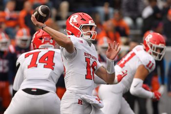Nov 1, 2025; Champaign, Illinois, USA;  Rutgers Scarlet Knights quarterback Athan Kaliakmanis (16) passes the ball during the second half against the Illinois Fighting Illini  at Memorial Stadium. Mandatory Credit: Ron Johnson-Imagn Images
