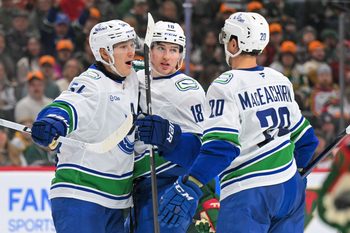 Nov 1, 2025; Saint Paul, Minnesota, USA;  Vancouver Canucks forward Drew O'Connor (18) celebrates his goal against the Minnesota Wild with forward Aatu Raty (54) and forward Mackenzie MacEachern during the third period at Grand Casino Arena. Mandatory Credit: Nick Wosika-Imagn Images